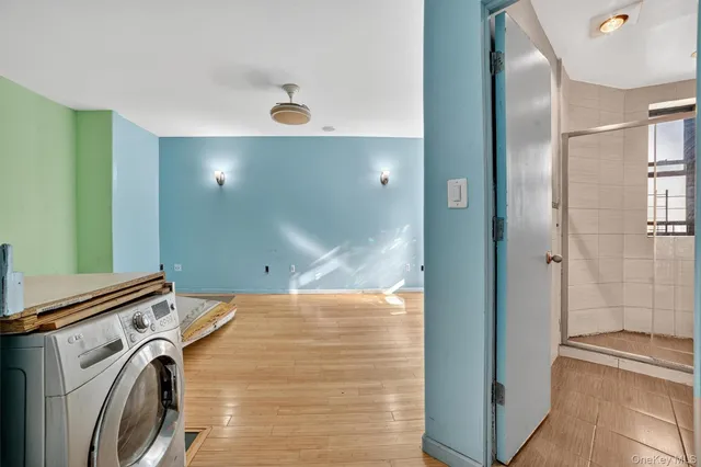 a view of a bathroom with shower