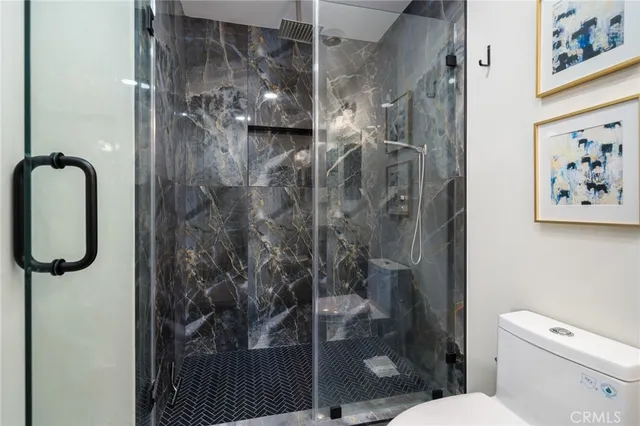 a bathroom with a shower and toilet