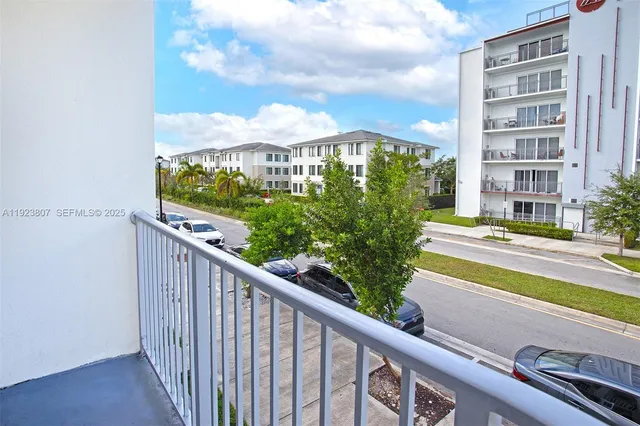 a view of a building from a balcony