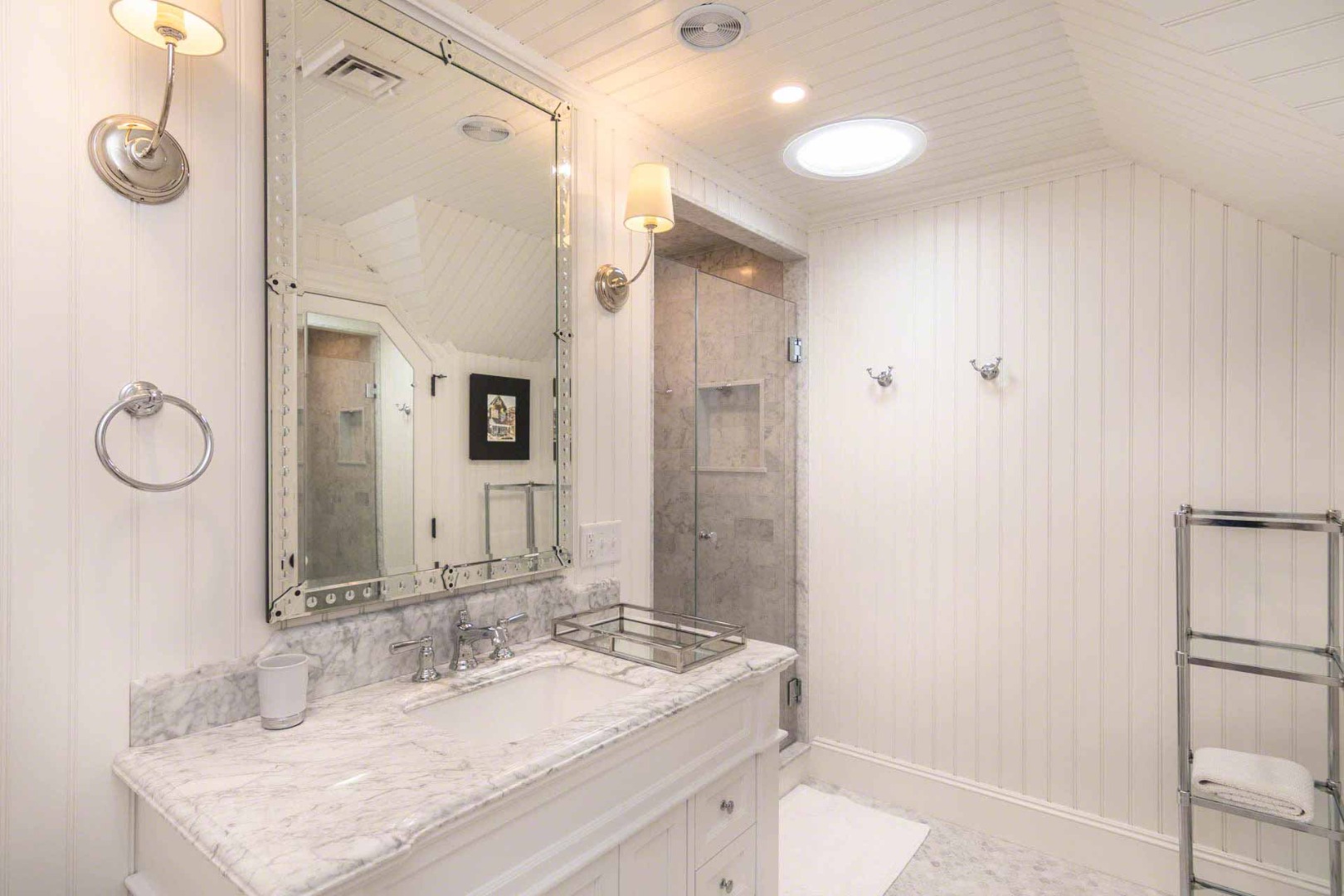 16 Mill Street Edgartown, MA 02539 - Photo 30 of 42 a bathroom with a granite countertop sink toilet and shower