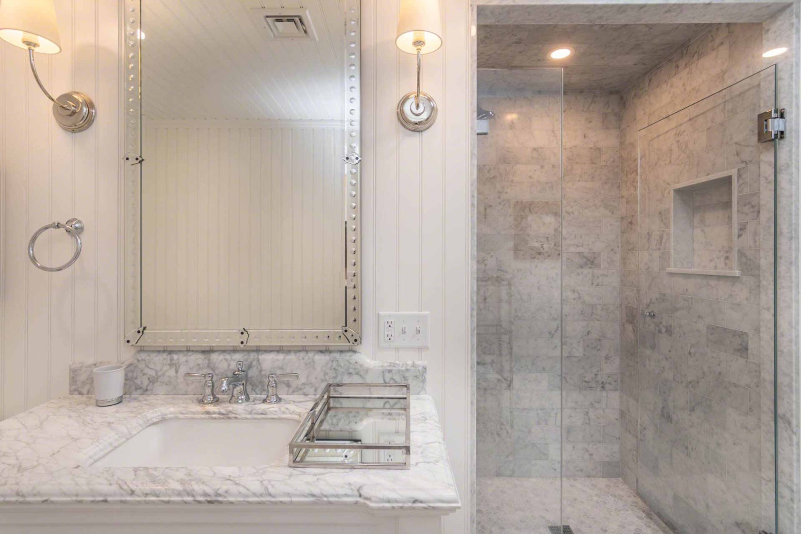 16 Mill Street Edgartown, MA 02539 - Photo 31 of 42 a bathroom with a granite countertop shower sink and vanity