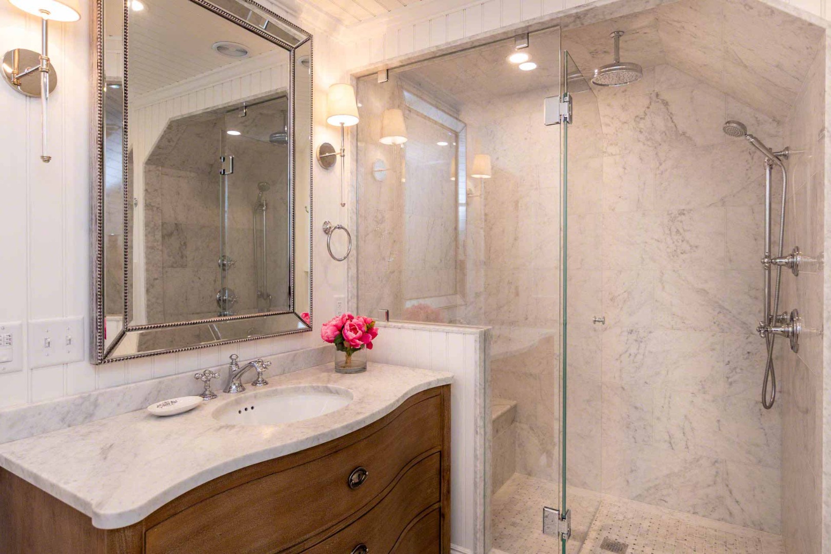 16 Mill Street Edgartown, MA 02539 - Photo 33 of 42 a bathroom with a sink vanity granite tub and shower