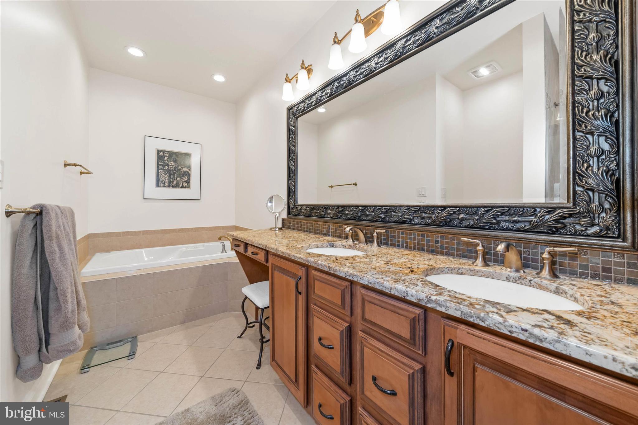 103 Downs Drive Wilmington, DE 19807 - Photo 32 of 70 a bathroom with a granite countertop bathtub a sink and a mirror