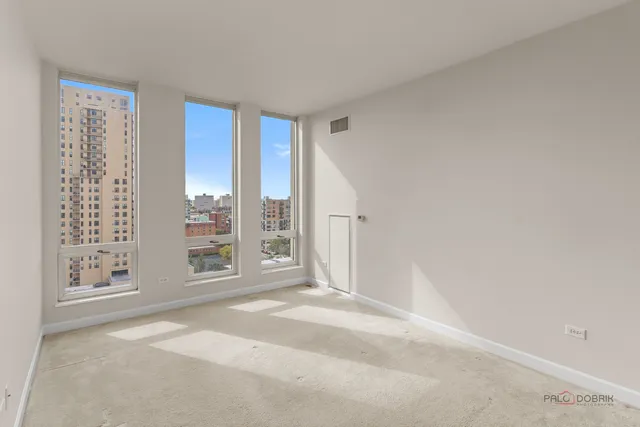 a view of a big room with windows and closet
