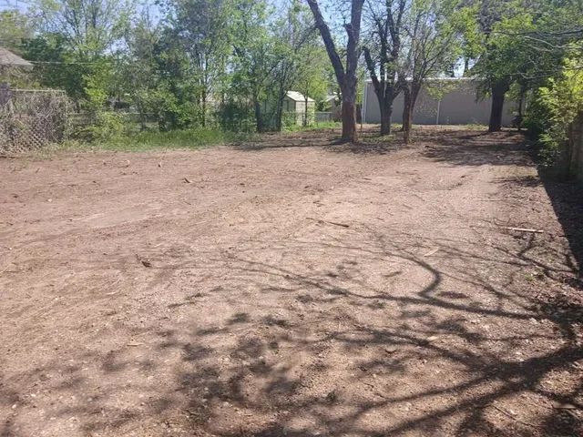 a view of a backyard with large trees