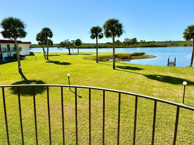 a view of swimming pool with seating area and trees in the background