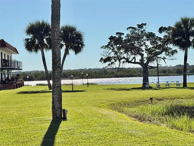 a view of swimming pool with yard and lake view
