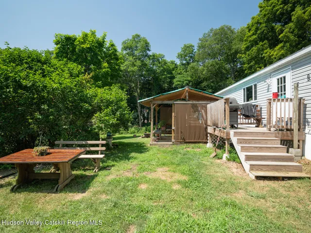 a view of a garden with plants and large trees