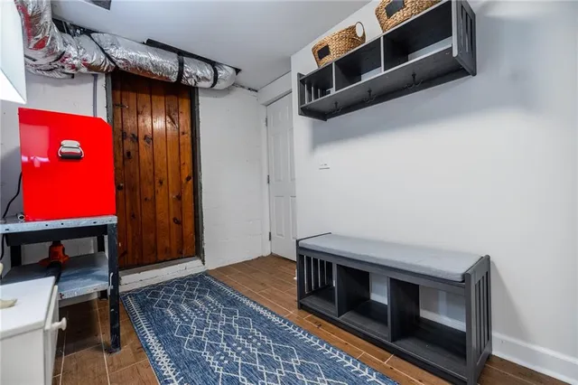 a living room with a fireplace