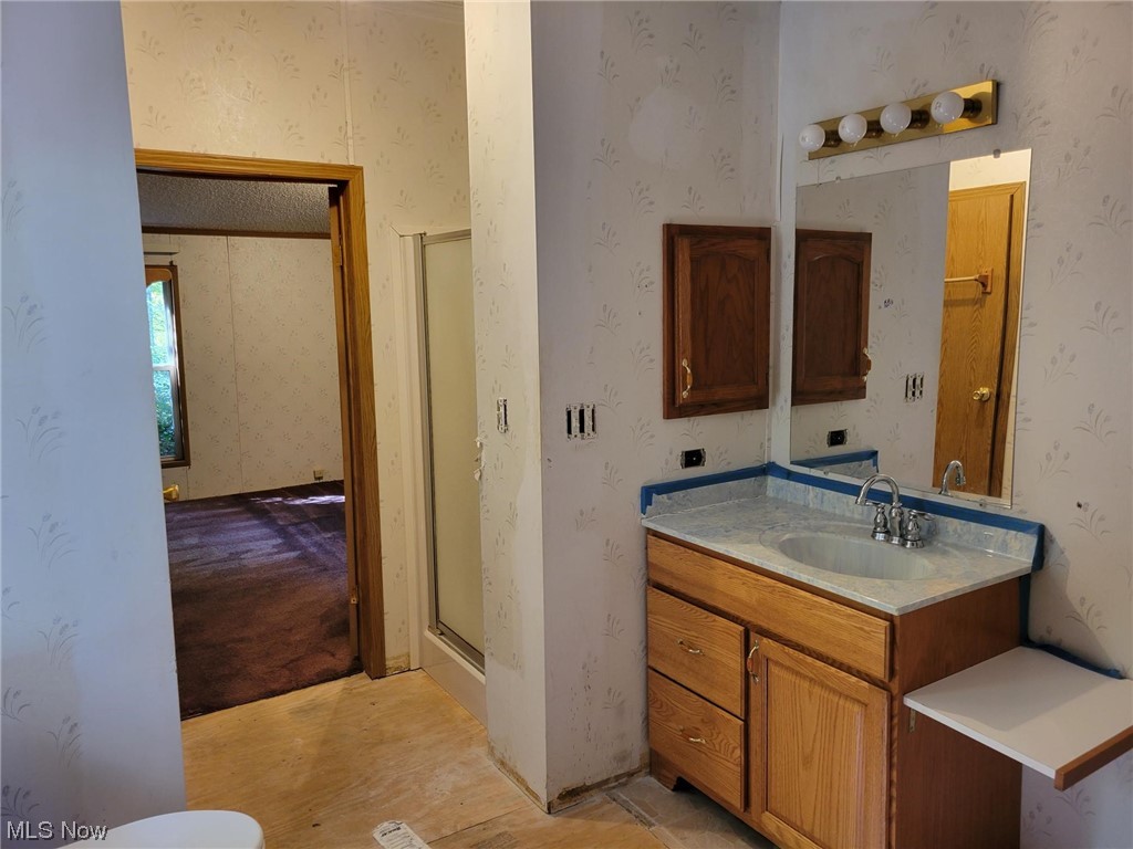 2450 Ferguson Road McConnelsville, OH 43756 - Photo 8 of 13 Bathroom with hardwood floors, vanity, toilet, and an enclosed shower