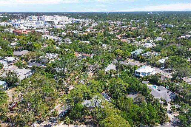 a view of a city with lush green forest