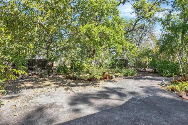 an aerial view of a house with a yard and covered with trees