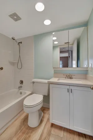 a bathroom with a toilet sink a mirror and bathtub