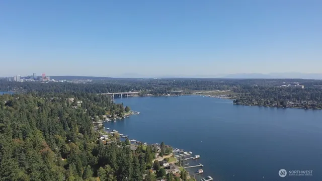 a view of a city with lush green forest
