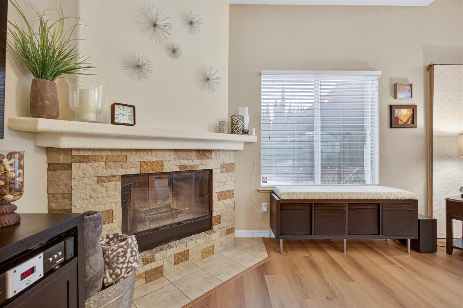 6113 Kifisia Way Fair Oaks, CA 95628 - Photo 11 of 67 a living room with a fireplace windows and a potted plant