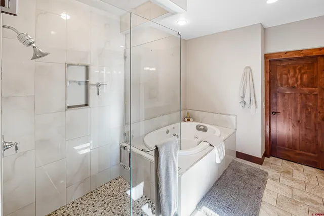 a bathroom with a bathtub and a shower