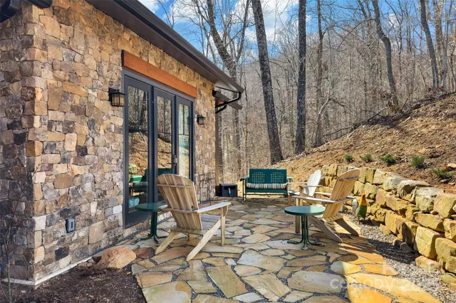 a building outdoor space with patio furniture