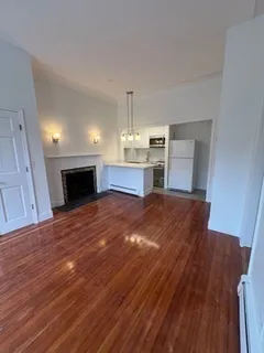 a view of empty room with wooden floor and fireplace
