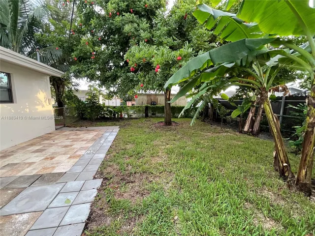 a view of a backyard with a tree