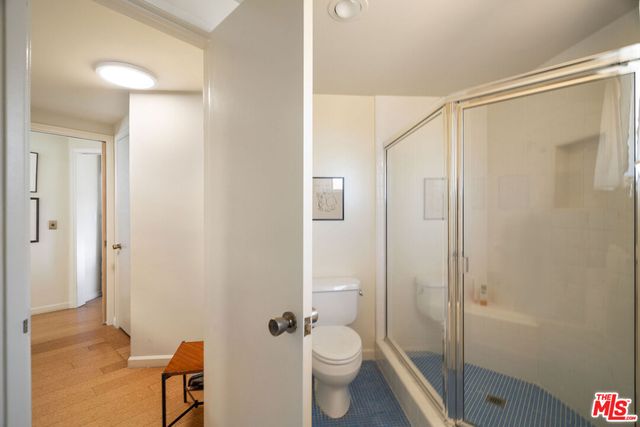 a bathroom with a shower and a toilet