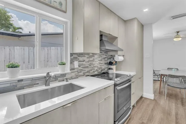 a kitchen that has a sink and a stove in it