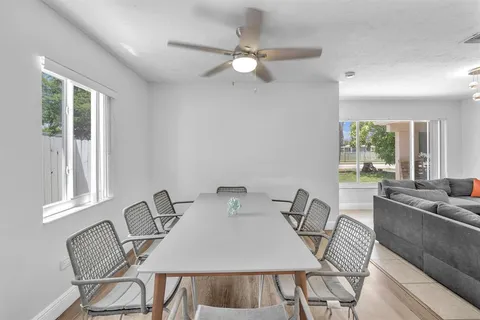 a view of a dining room with furniture window and outside view