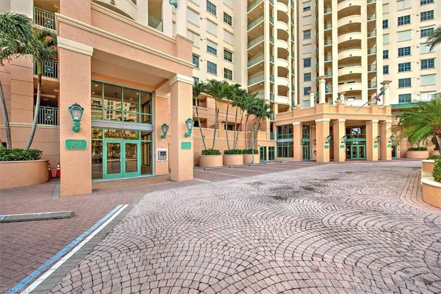 a view of a building with a street