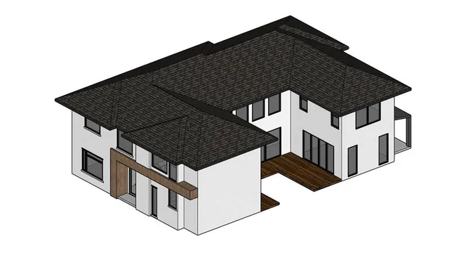 a black white and black building view with a black gate