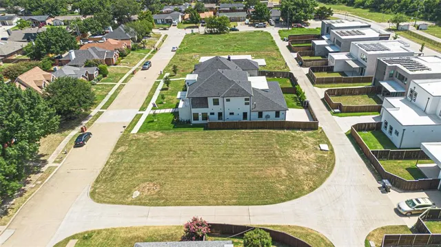 an aerial view of a swimming pool