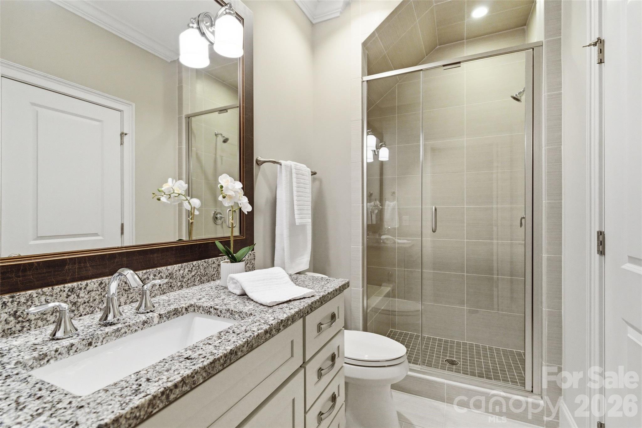 3097 Sherman Drive Lancaster, SC 29720 - Photo 35 of 48 a bathroom with a granite countertop sink toilet and shower