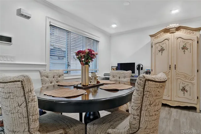 a view of a dining room with furniture