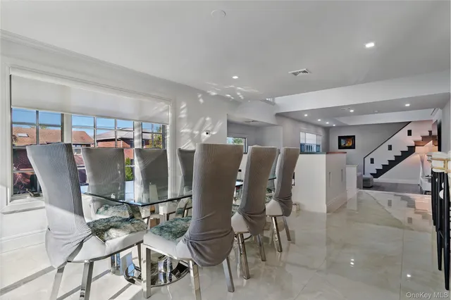 a view of a dining room with furniture