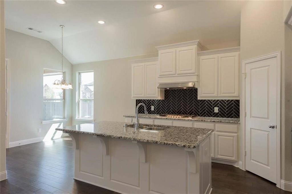 867 Forest Street Little Elm, TX 76227 - Photo 9 of 22 a kitchen with granite countertop white cabinets and black appliances