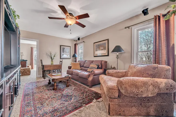 a view of a house with a big yard potted plants and large tree