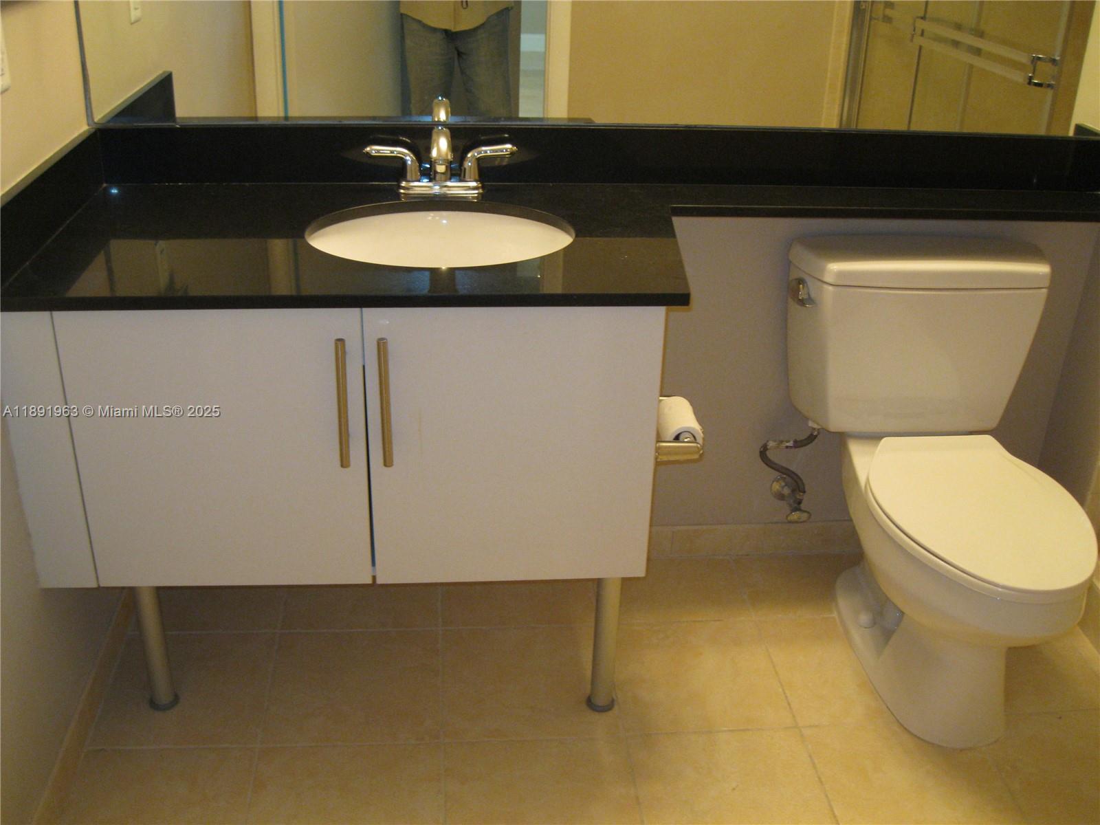 31 Southeast 5th Street, Unit 1210 Miami, FL 33131 - Photo 21 of 26 a bathroom with a sink a toilet and a mirror