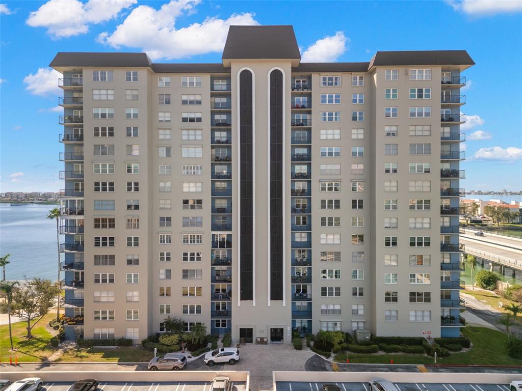 a view of a building with glass windows