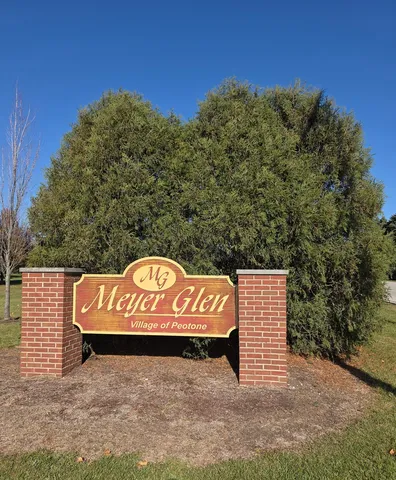 a view of outdoor space with signage and flags