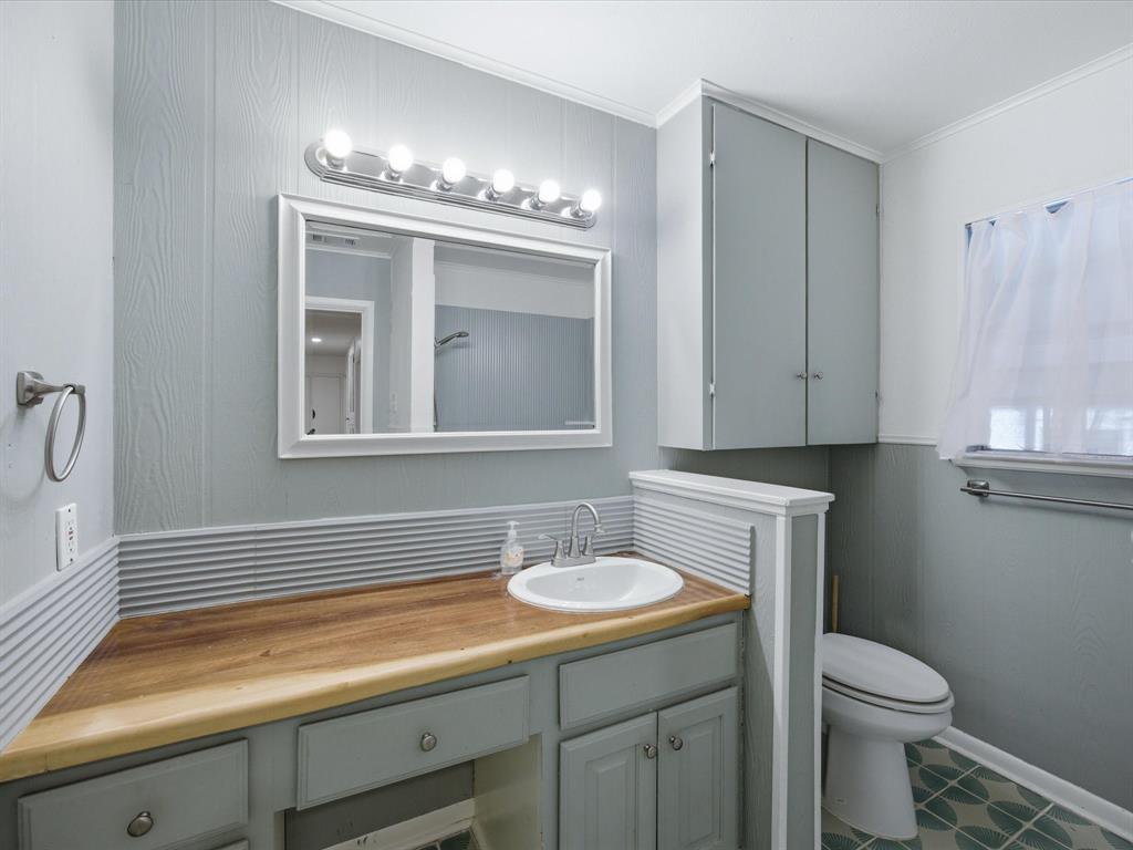 514 West Ridgewood Drive Garland, TX 75041 - Photo 23 of 39 Bathroom with vanity, a decorative wall, ornamental molding, and wood walls