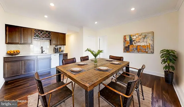 a view of a dining room with furniture