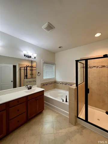a bathroom with a tub sink shower and mirror