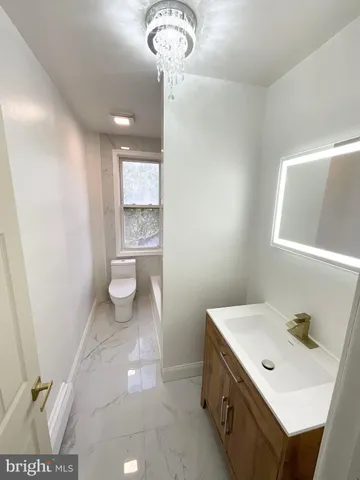 a bathroom with a sink a toilet and mirror