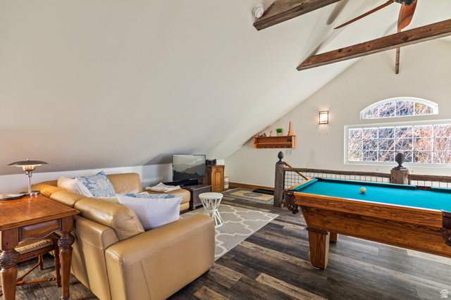 390 North 100 West Monroe, UT 84754 - Photo 127 of 167 Playroom with beamed ceiling, billiards, wood finished floors, and high vaulted ceiling