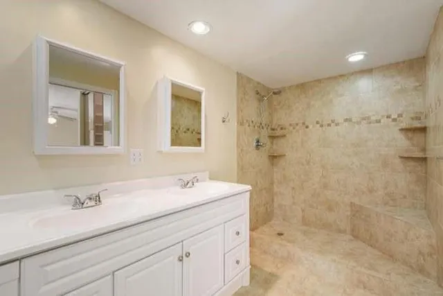 a bathroom with a sink a shower and a mirror