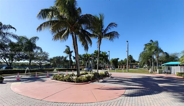 a view of a swimming pool with a bench and palm trees
