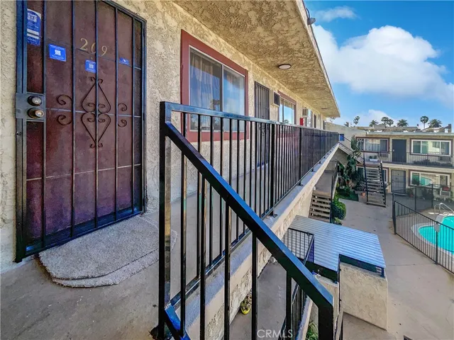 a view of a building from a balcony