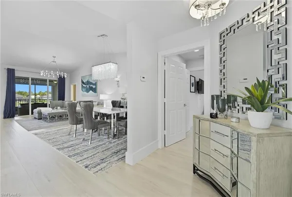 a view of a dining room with furniture