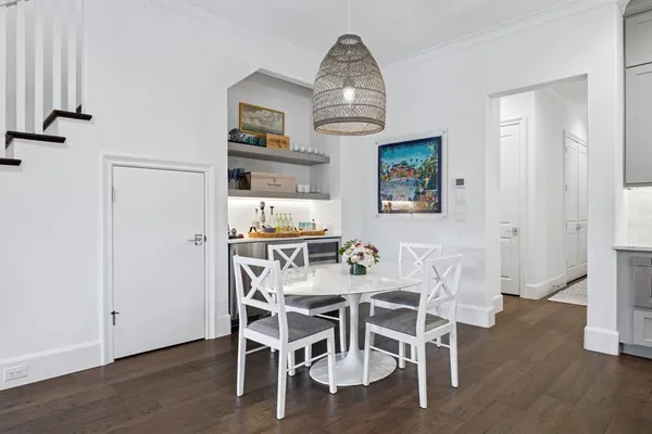 a view of a dining room with furniture