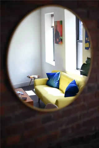 a living room with furniture and a potted plant