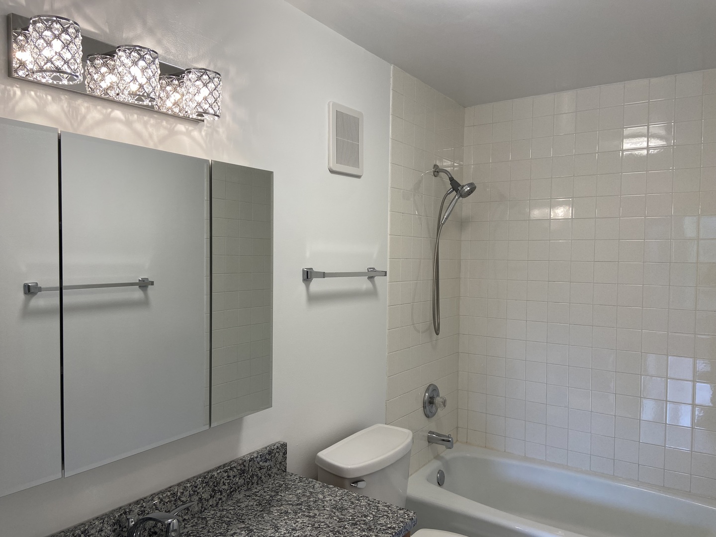 1605 East Central Road, Unit 410B Arlington Heights, IL 60005 - Photo 5 of 18 a bathroom with a granite countertop sink toilet and shower