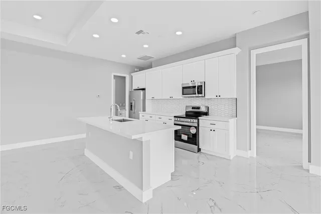 a kitchen with a sink stainless steel appliances and white cabinets